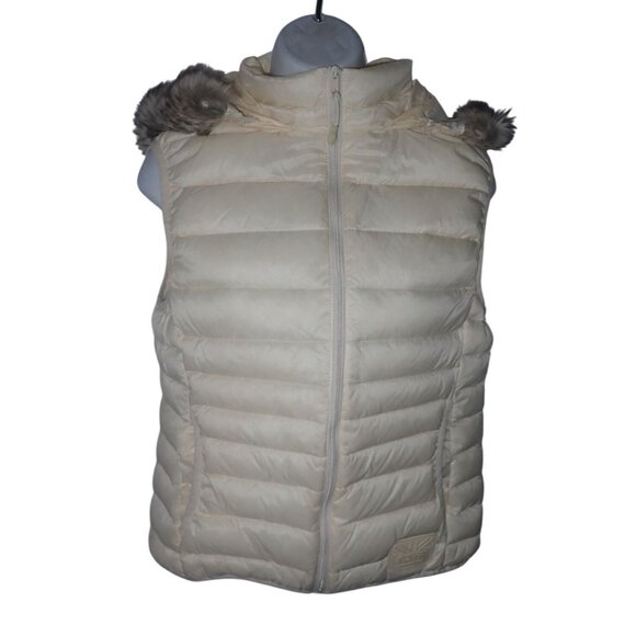 Puffa  XL cream Puffer Vest Detachable Fur‎ Trim Hood Zip Vintage waistcoat - Picture 1 of 6